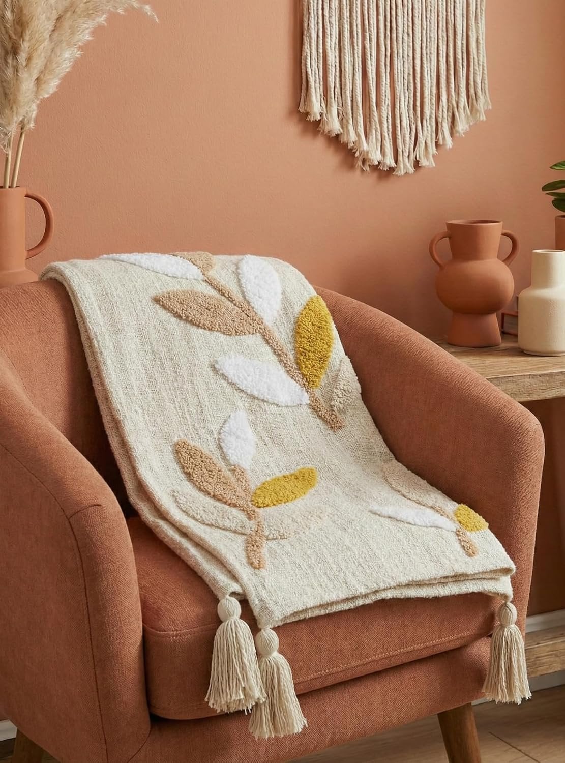 Handgetufte katoenen banksprei en kussenset – bij elkaar passend 3-delig decor – 50x60" plaid, 2x 16x16" hoezen