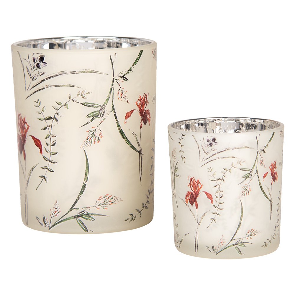 Theelichthouder Set van 2 Ø 7x8 / 10x13 cm Beige Glas Bloemen