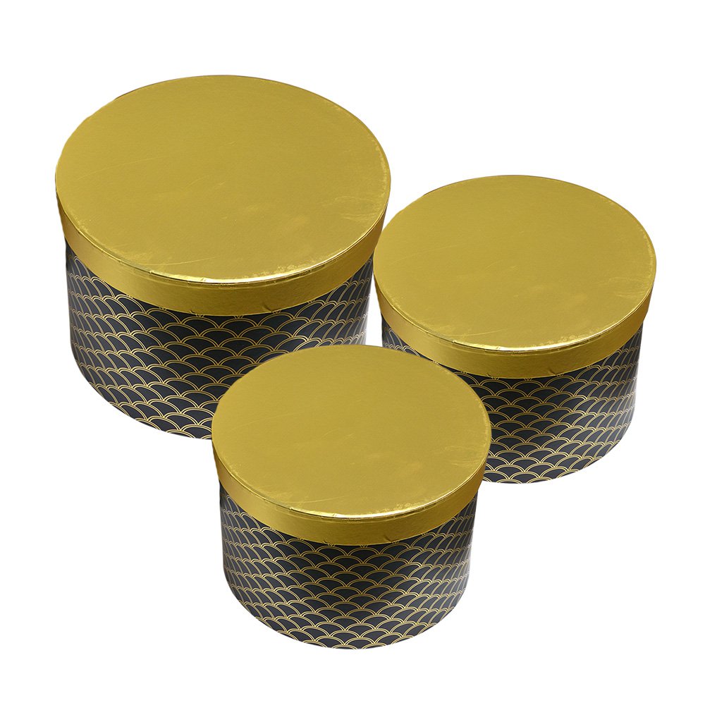 Opbergdoos Set van 3 Ø 25x17 / Ø 23x16 / Ø 21x14 cm Goudkleurig Zwart Karton