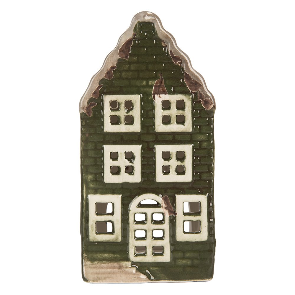 Waxinelichthouder Huis 7x7x14 cm Groen Keramiek