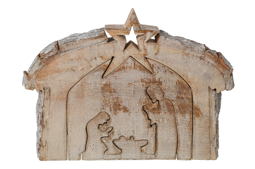 J-Line Kerststal met schors - mangohout - naturel/donkergroen - large