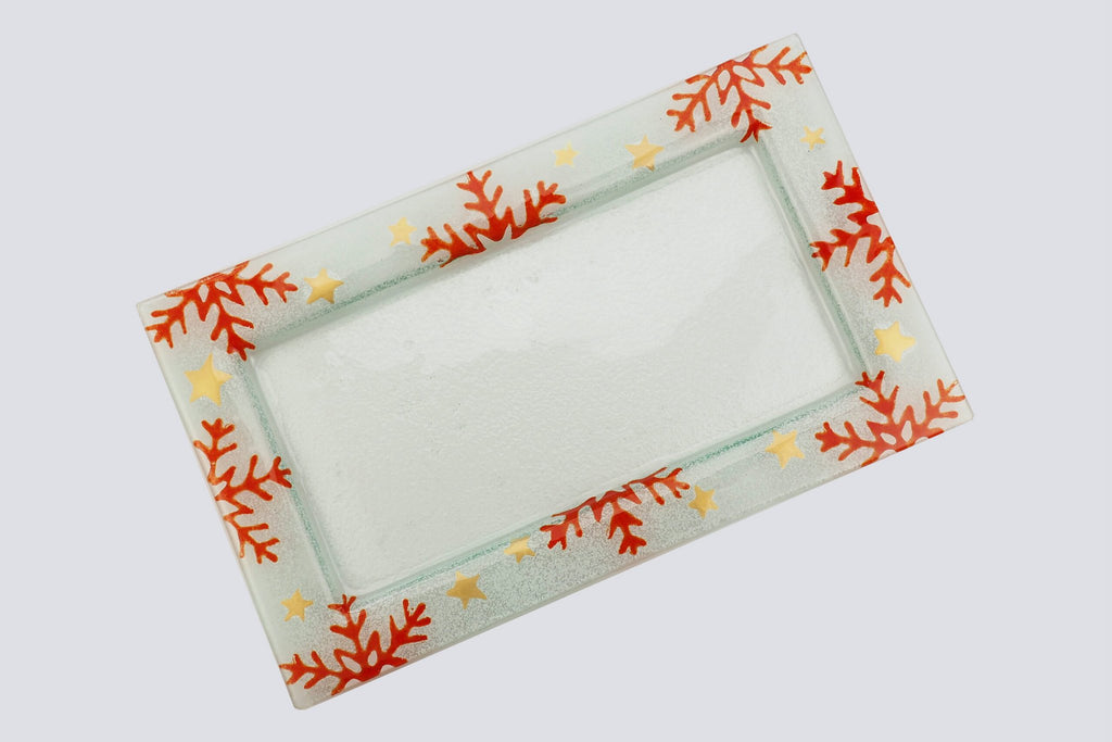 Kerstdienblad Klein 35x21 Wit Rode Sneeuwvlokken