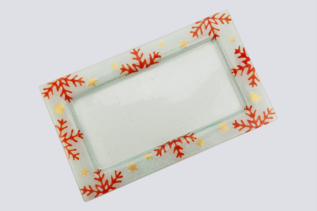 Kerstdienblad Klein 35x21 Wit Rode Sneeuwvlokken