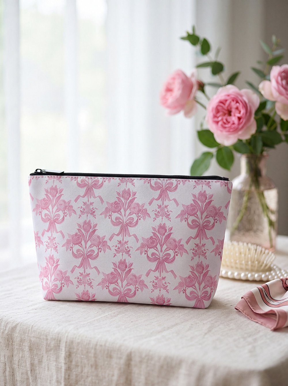 Toilettas Dames 26x6x16 cm Wit Roze Kunststof Bloemen