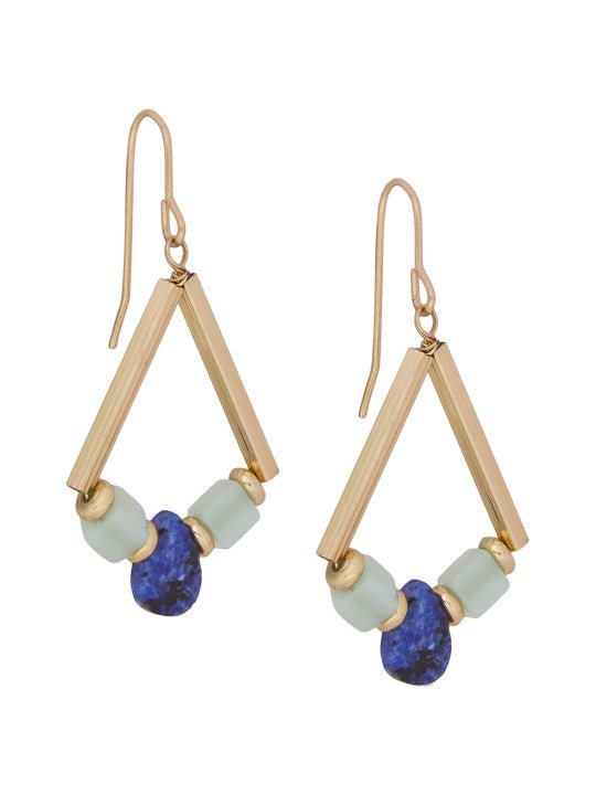 Geometrische hangende oorbellen – mode-sieraden voor de detailhandel – goudkleurig en blauw metaal – veilige vishaak