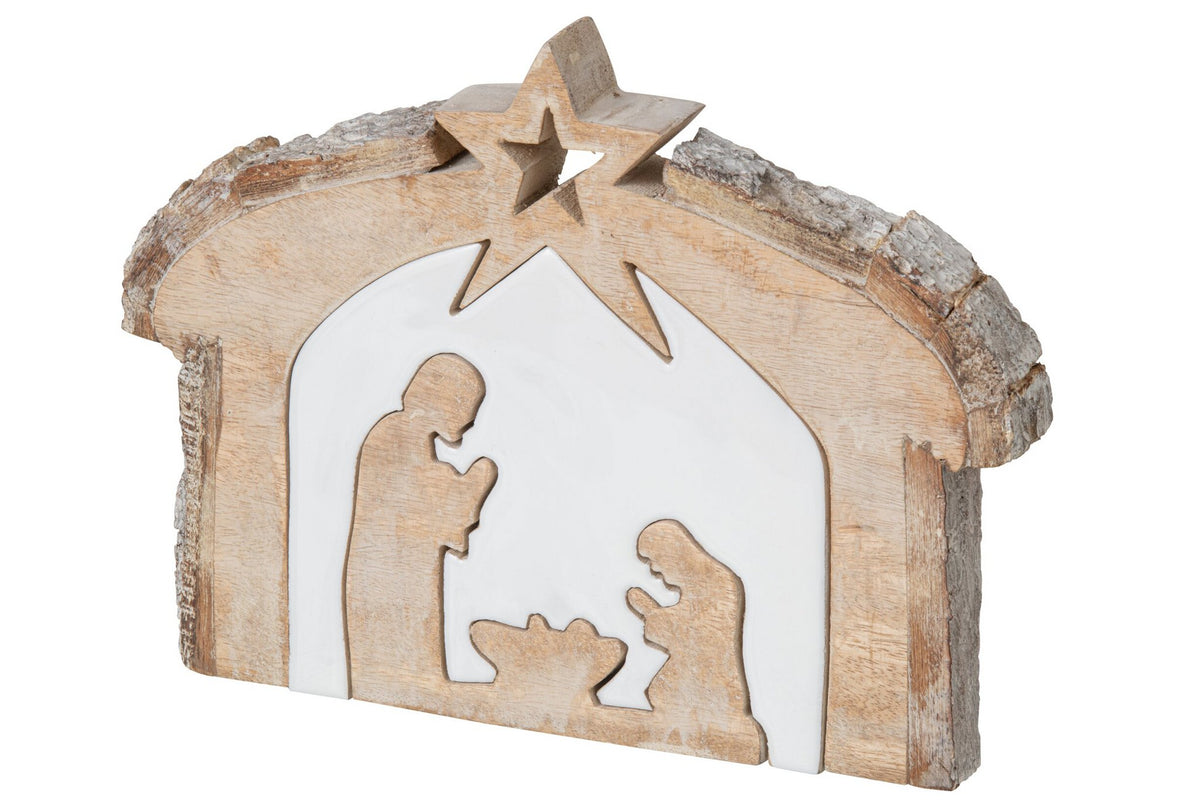 J-Line Kerststal - mangohout - naturel/wit - large