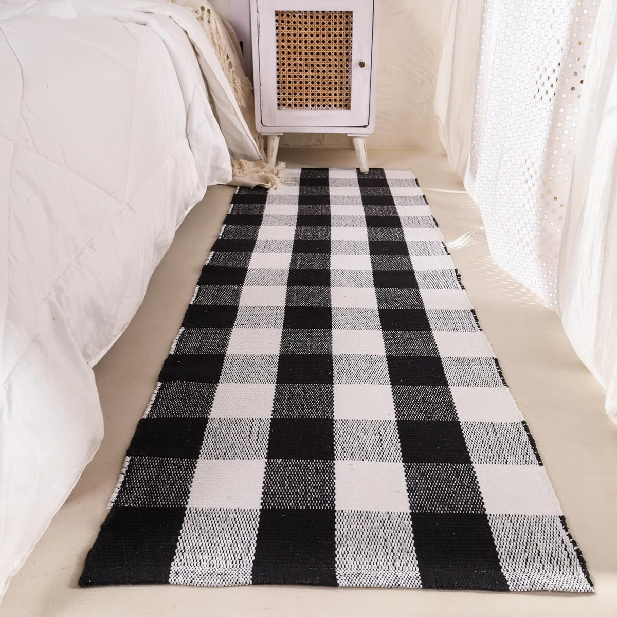 Katoenen vloerkleed – handgeweven wasbaar – zwart en wit 2x6 voet