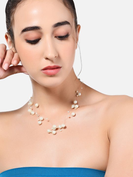 Halsstuk van witte parel met meerdere strengen – modeaccessoire – verzilverde legering – individueel item