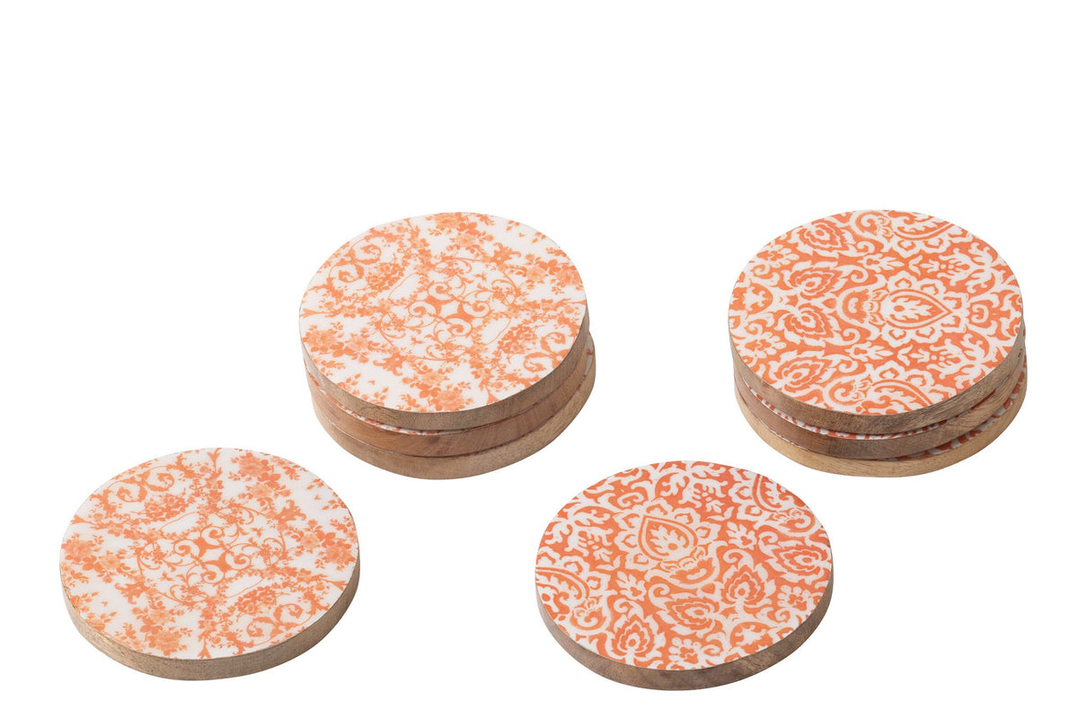 J-Line onderzetter - hout - oranje/wit - set van 8