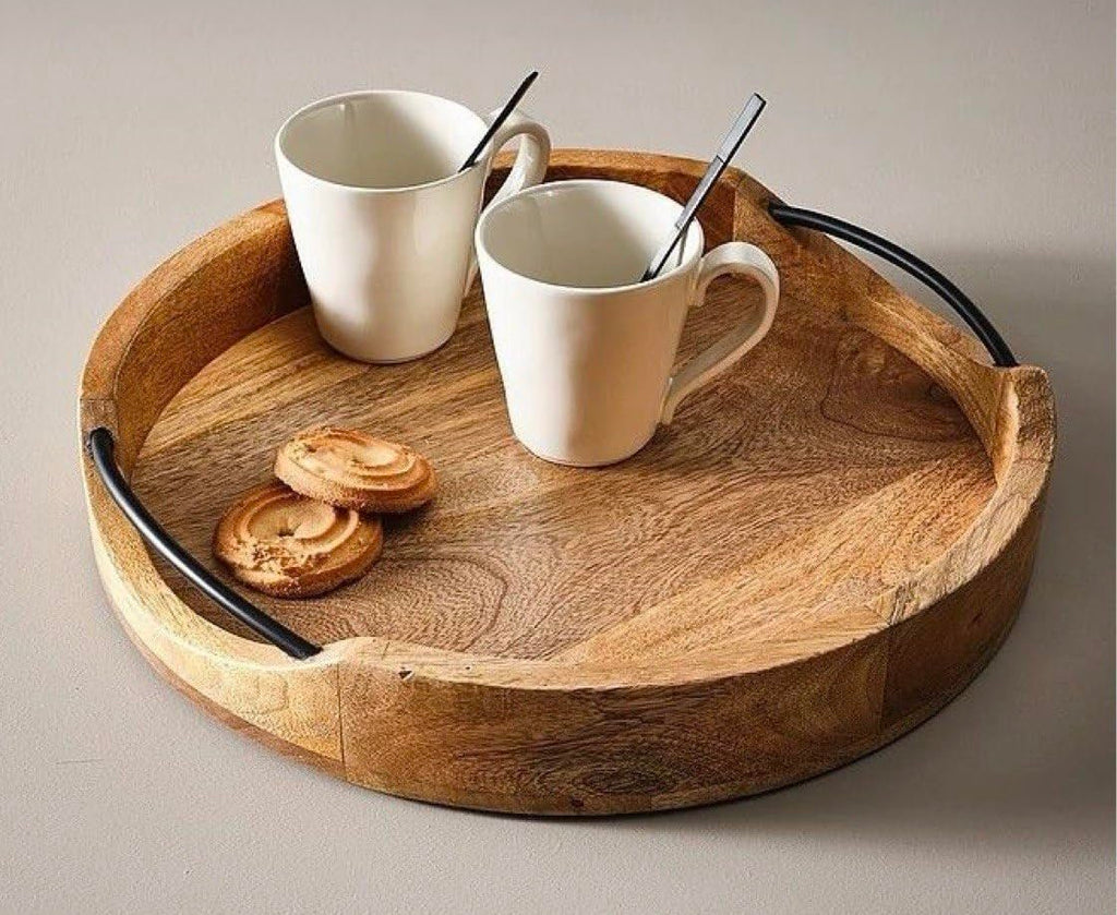 Rustiek rond dienblad – handgemaakt mangohout en ijzer – diameter van 25 cm