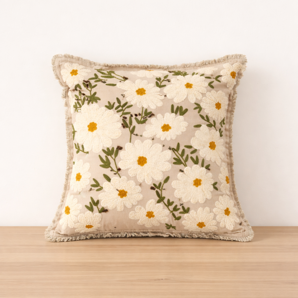Geborduurd katoenen kussen - Flora Daisy Design - 45 x 45 cm