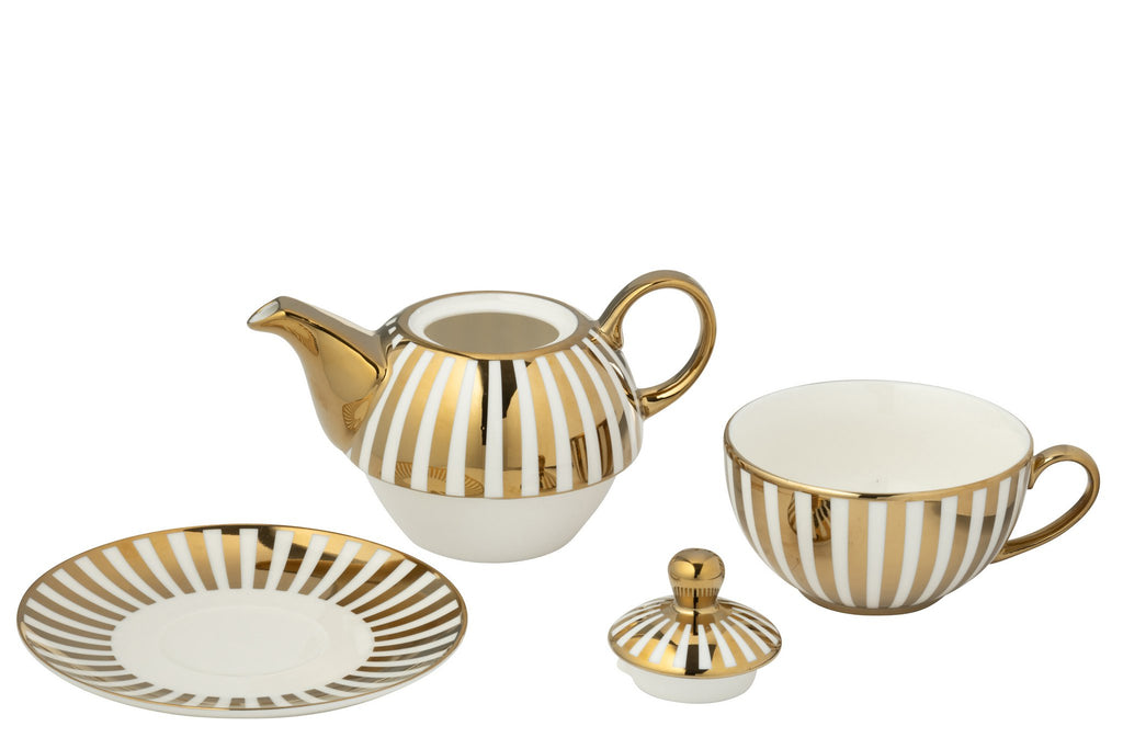 J-Line theepot Gestreept - porselein - goud/wit