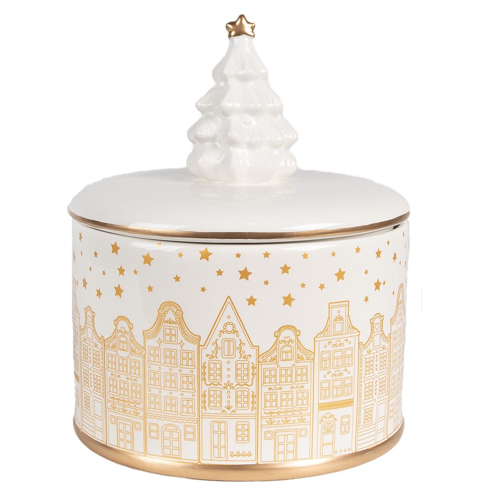 Voorraadpot Deksel Ø 15x19 cm Wit Goudkleurig Keramisch materiaal Huizen