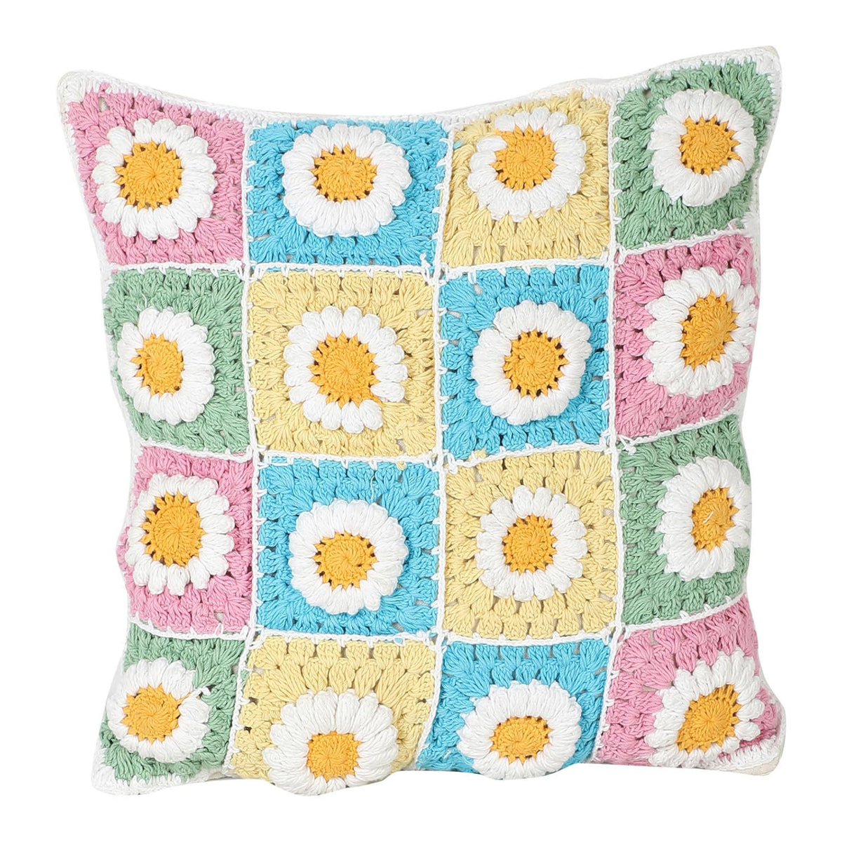Handgehaakte kussenhoes met boho-bloemen - Premium katoen - 16x16 inch
