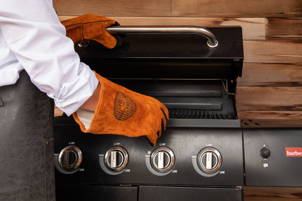 Set of 2 leather BBQ gloves - 36 x 19 cm - brown