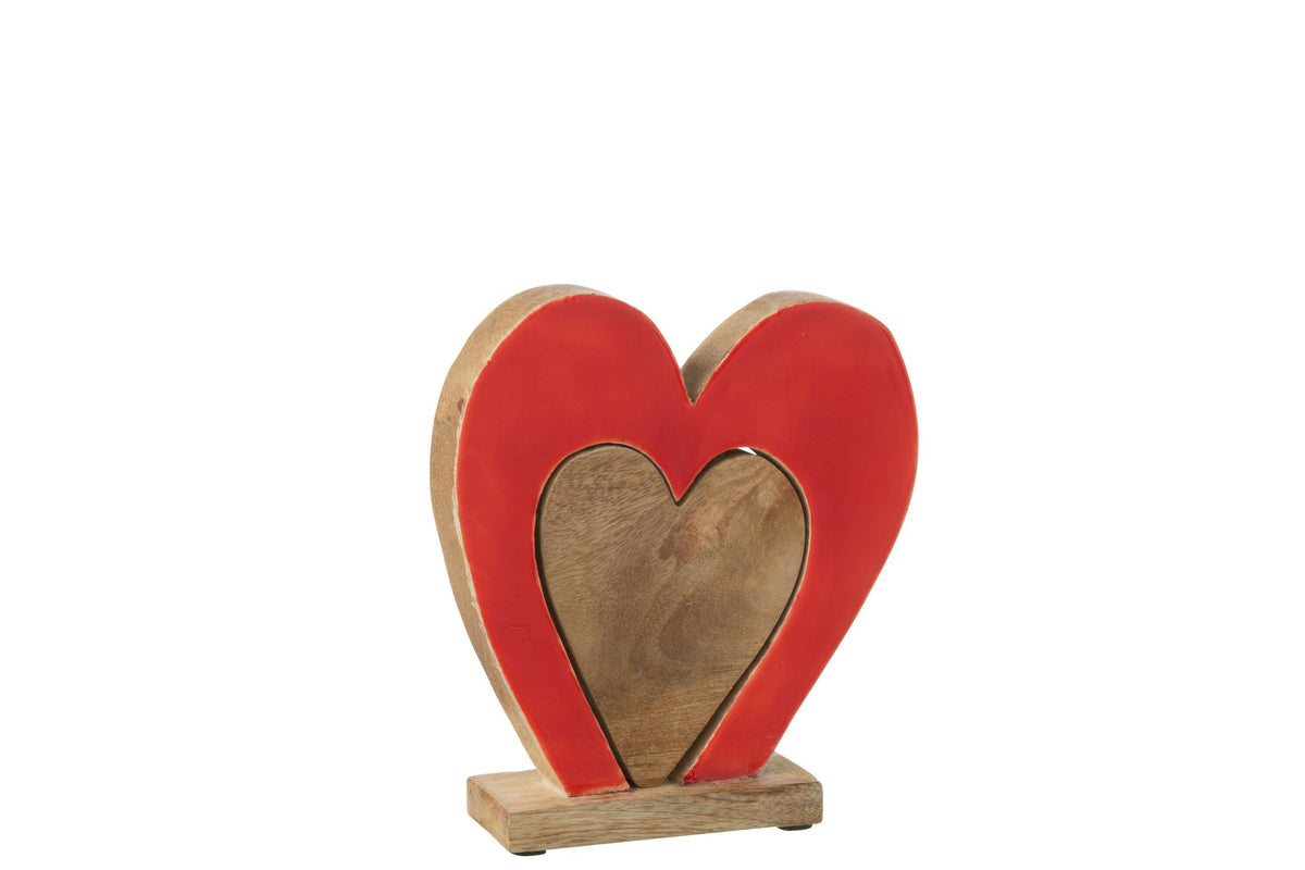 J-Line decoratie Hart Dubbel Op Voet - hout - rood/naturel - medium