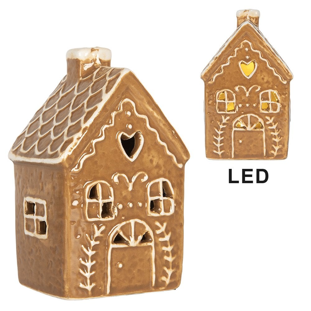 Gingerbread house met LED 7x6x12 cm Bruin Keramiek