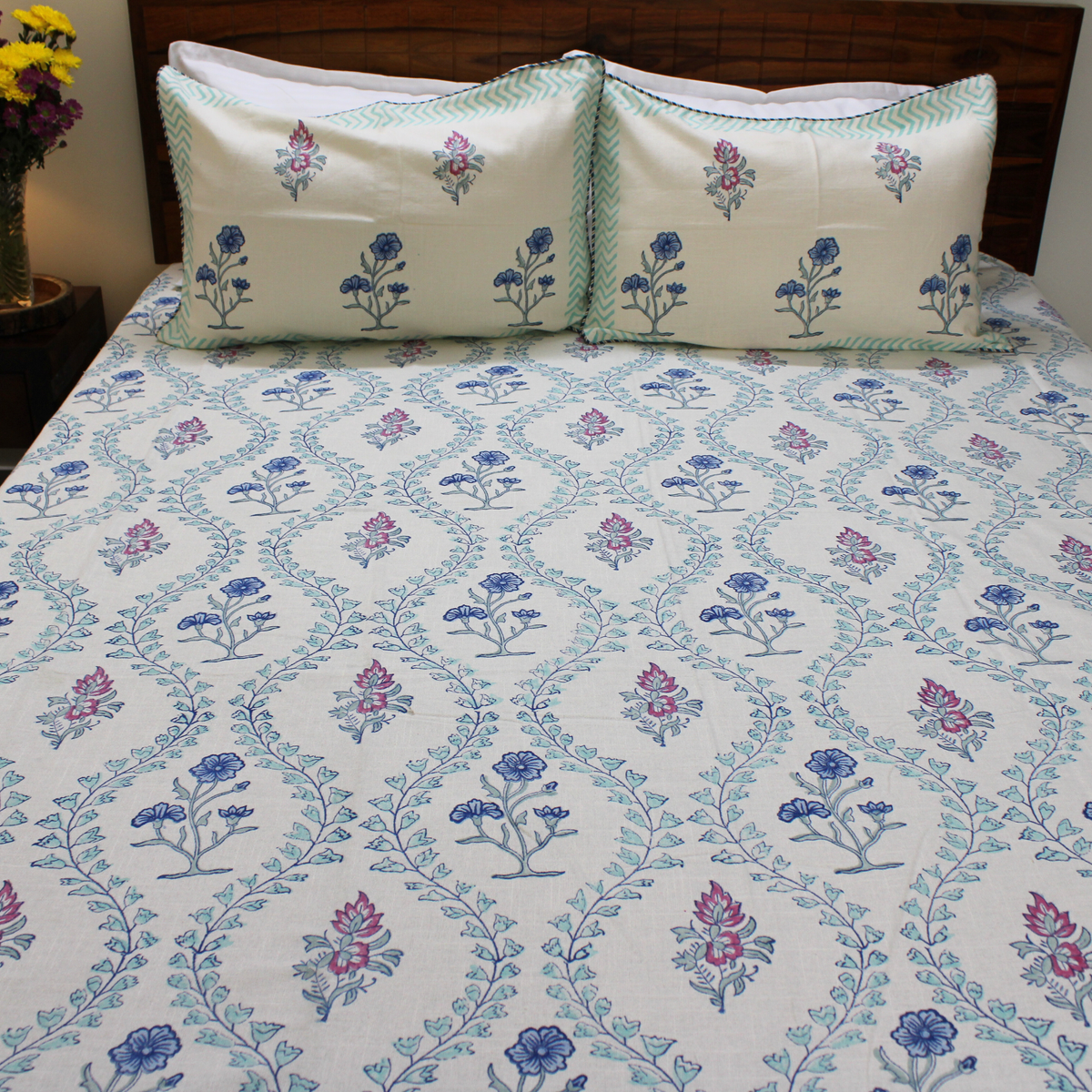 Laken | Handblok Lotus Garden Indigo & Blush | 3-delige set