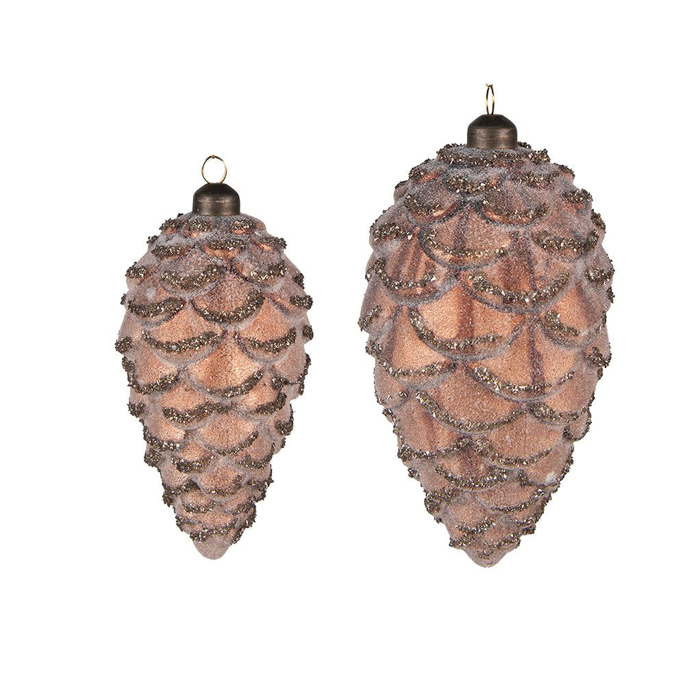 Kerstbal Set van 2 Dennenappel Ø 9 / Ø 7 cm Bruin Glas Kerstdecoratie