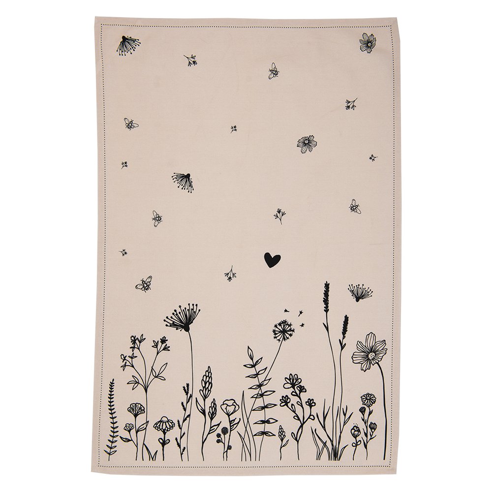 Theedoek 50x70 cm Beige Zwart Katoen Bloemen Keukenhanddoek