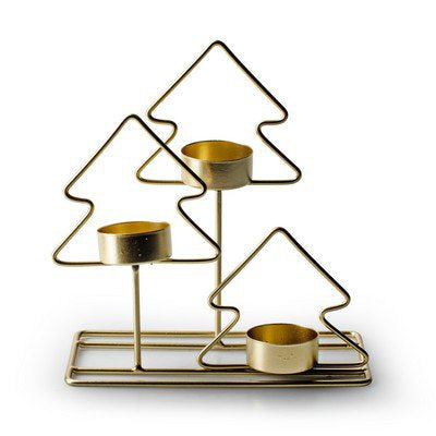 Metalen theelichthouder kerstboom 3x 'trees' goud h18 cm