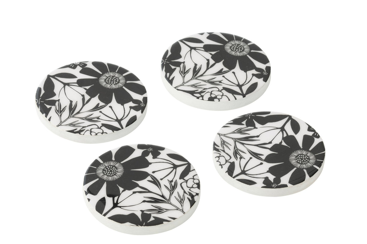 J-Line onderzetter Bloemen - hout - zwart/wit - set van 4