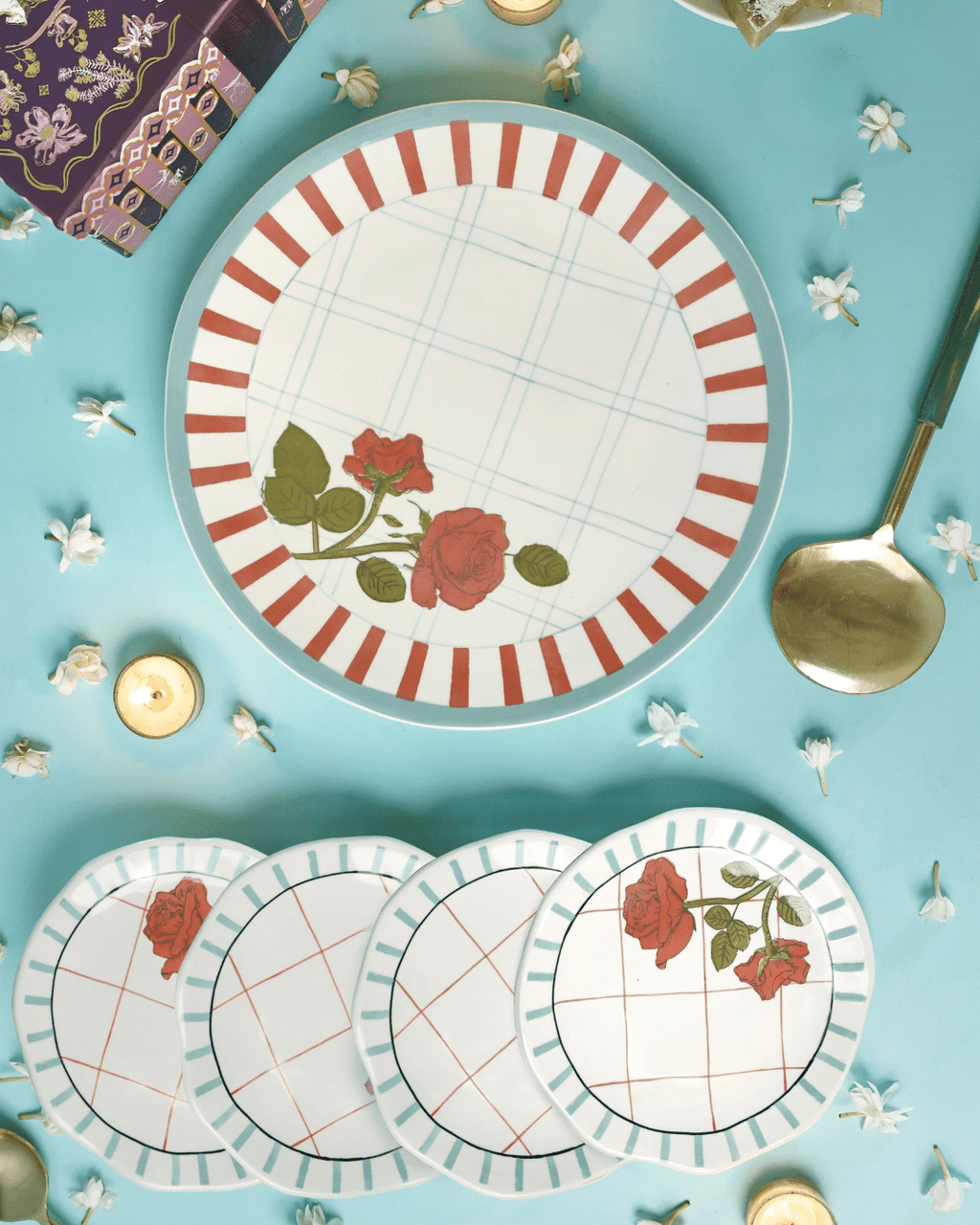 Serveerbord | Keramisch handgeschilderd rozenontwerp | Set van 2, klein en groot