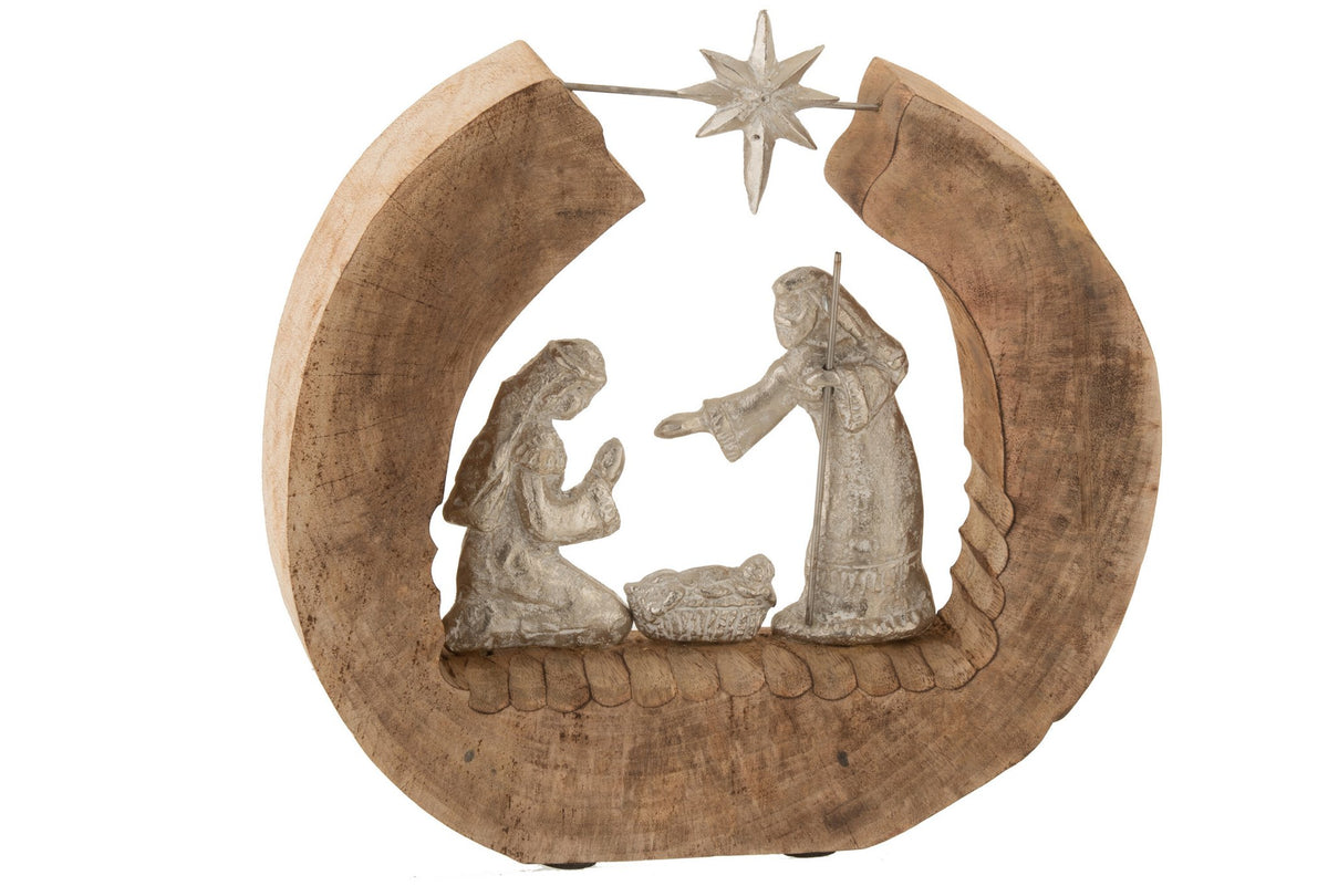 J-Line Kerstfiguren kerststal - aluminium/ hout - zilver - 34 cm
