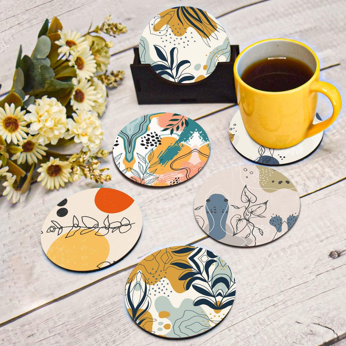 Flora Design Theeonderzetters Set van 6 met Standaard | Prachtig woondecoratie, cadeauartikelen, koffiemokken en glazen