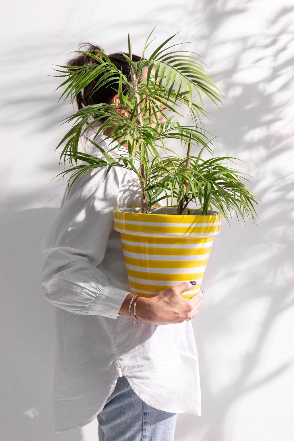 J-Line bloempot Granada Stripes - keramiek - geel - medium - Ø 27 cm