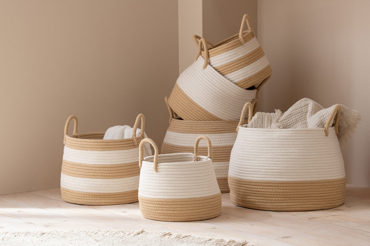 J-Line mand met handvat Rond - polyester - naturel/wit - set van 3