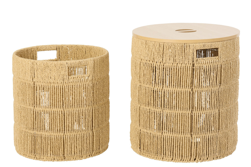 J-Line mand + deksel Rond - ijzer/papier - naturel - set van 2