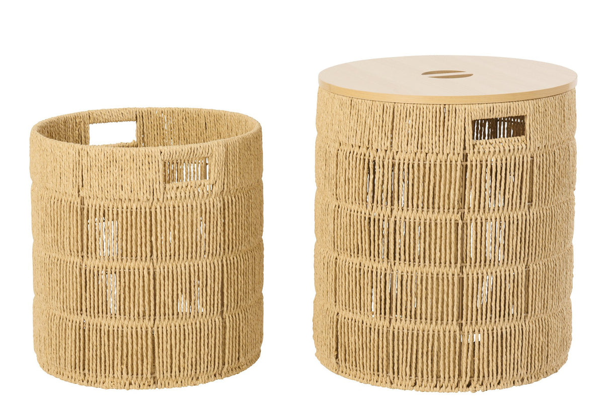 J-Line mand + deksel Rond - ijzer/papier - naturel - set van 2
