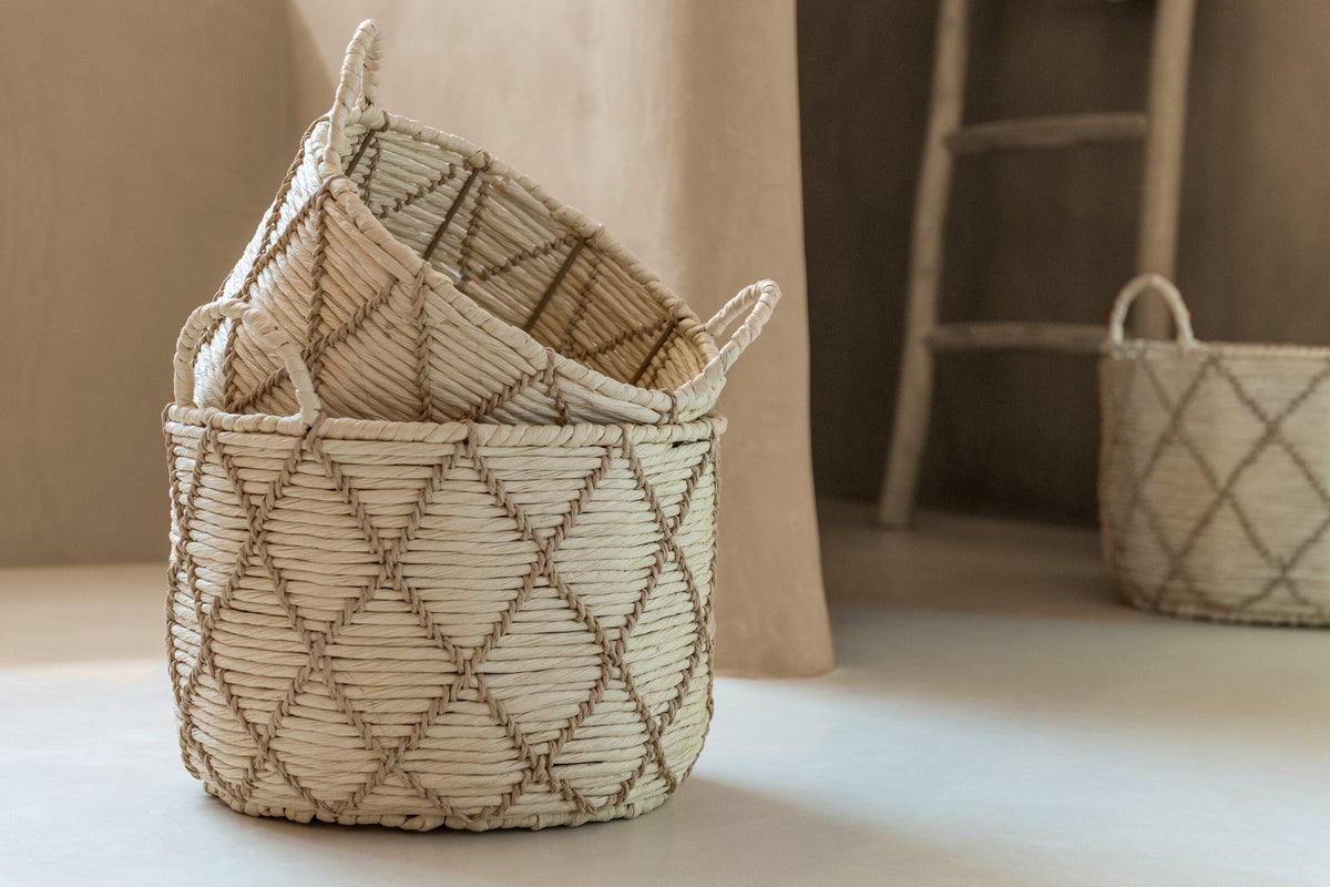 J-Line mand met handvat Rond Geruit - ijzer - naturel - set van 3