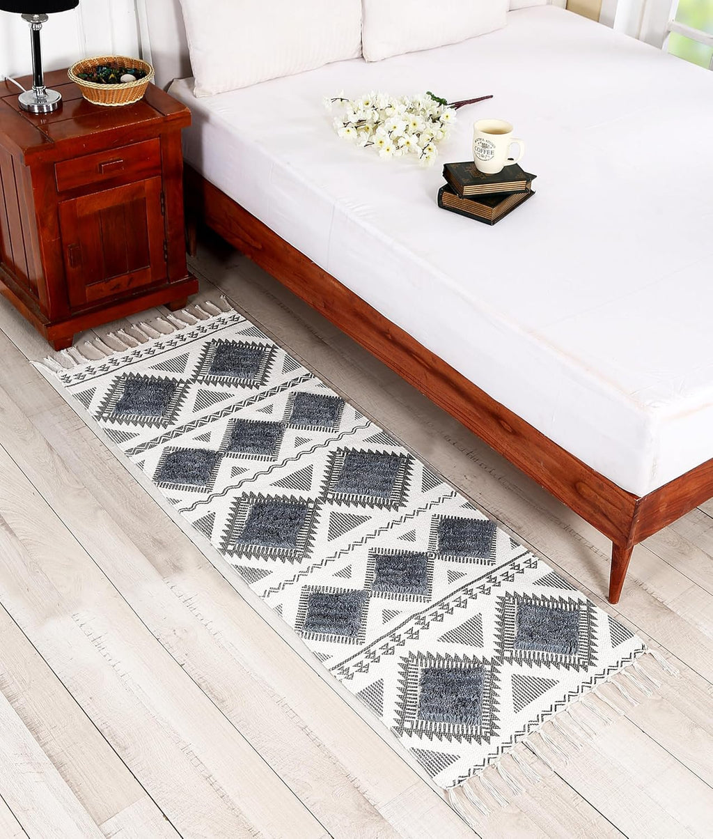 Runner-tapijt – handgeweven katoen – getuft ruitpatroon – 2x5 ft