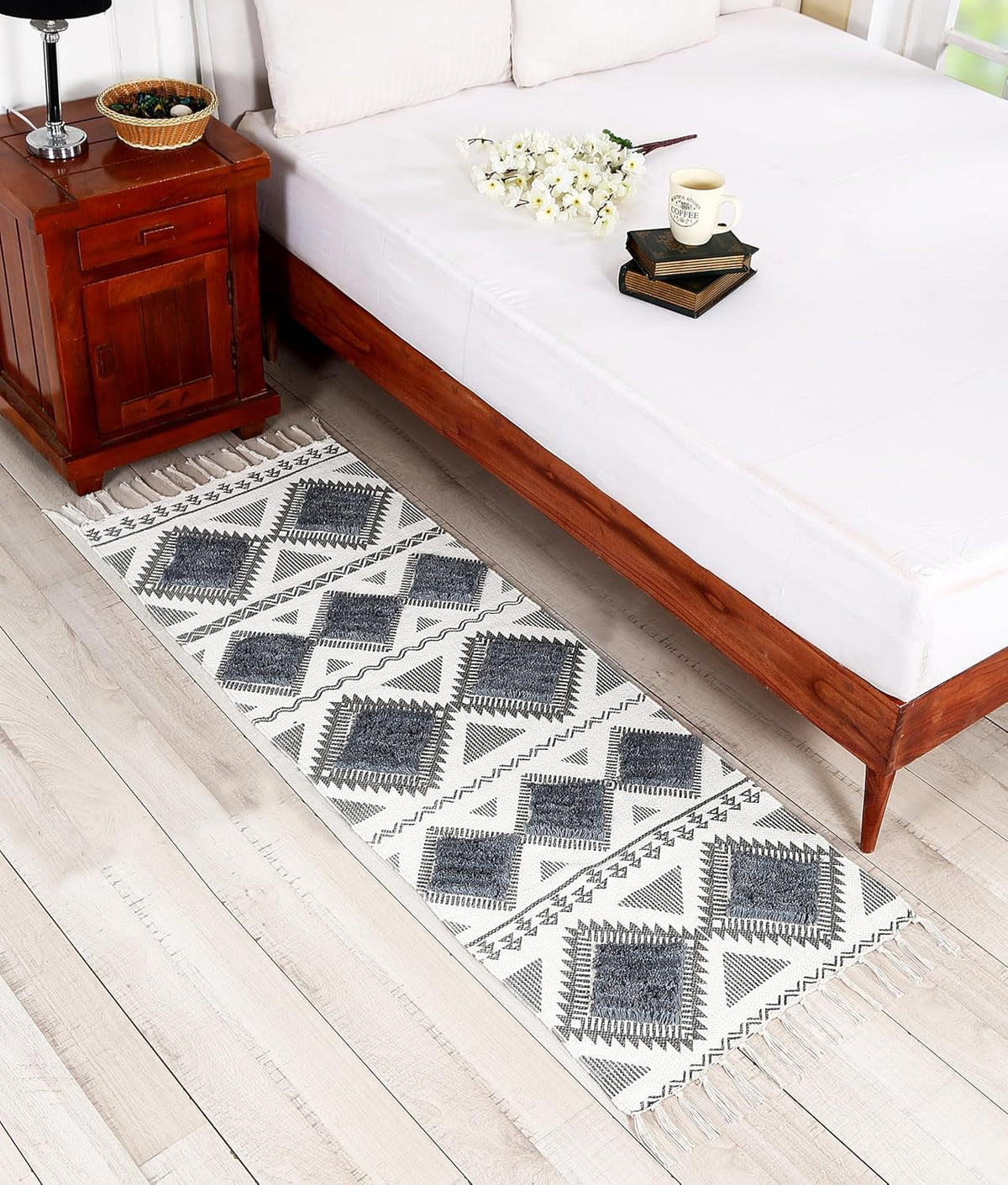Runner-tapijt – handgeweven katoen – getuft ruitpatroon – 2x5 ft