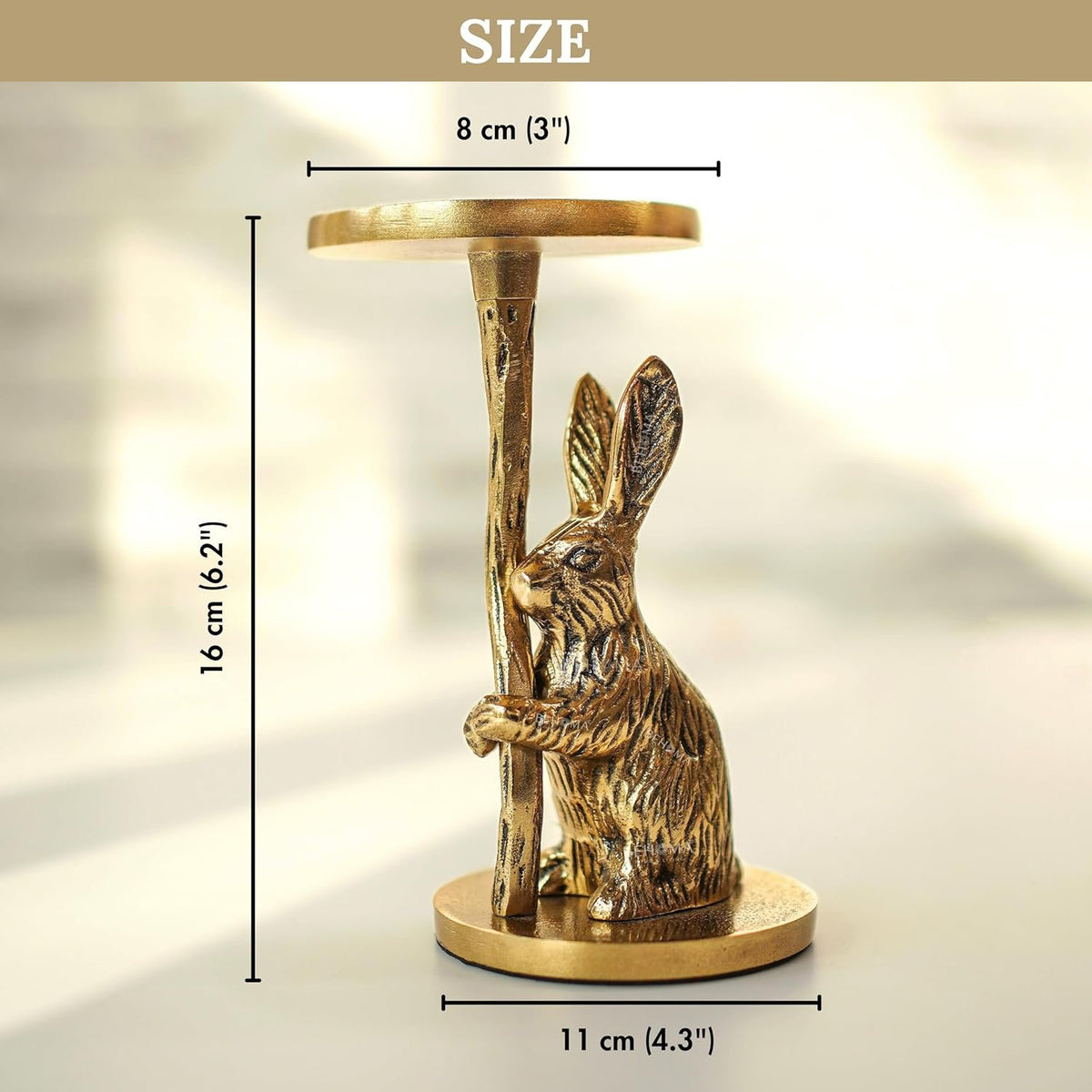 Staande kaarshouder – aluminium konijnbeeldje – gouden afwerking, 16 cm