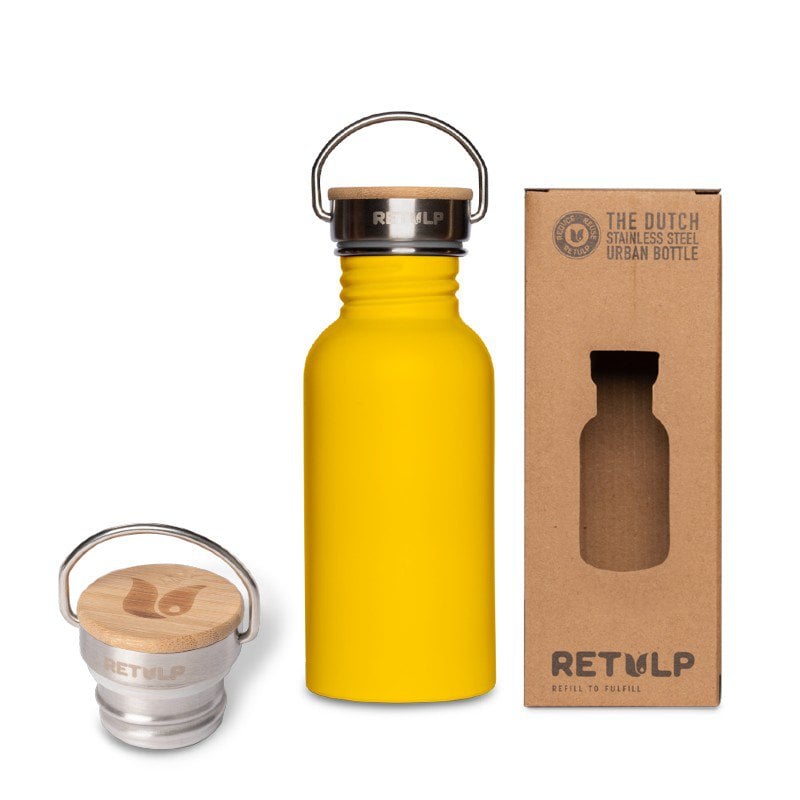 RVS drinkfles bamboe dop 500 ml steel Yellow