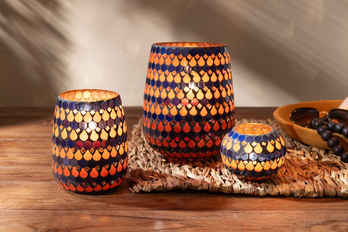 J-Line windlicht Mozaiek Druppel - glas - oranje/blauw - medium