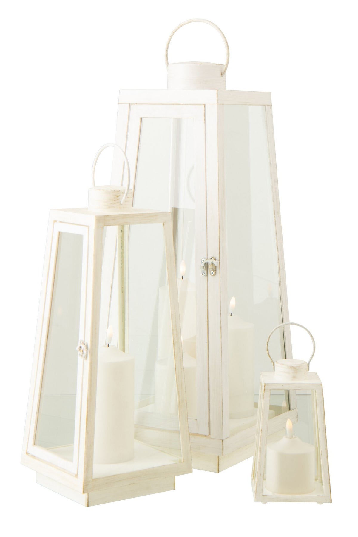 J-Line lantaarn + kaars - glas - wit - L - LED lichtjes