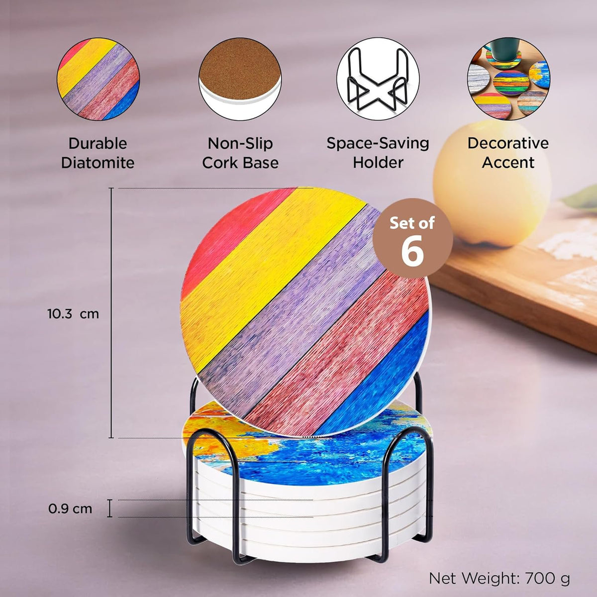 Aantrekkelijke veelkleurige keramische onderzettersset van 6 met kurkstalen houder | Waterabsorberend middel voor kopjes, mokken, glazen, thuis, op kantoor