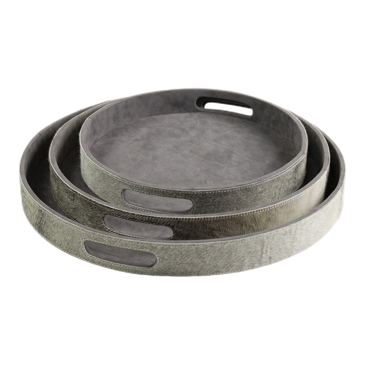 Dienbladen koehuid rond grijs (set of 3)