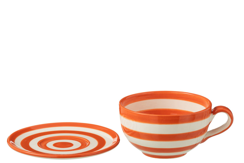 J-Line kopje + schoteltje Granada Stripes - keamiek - wit/oranje