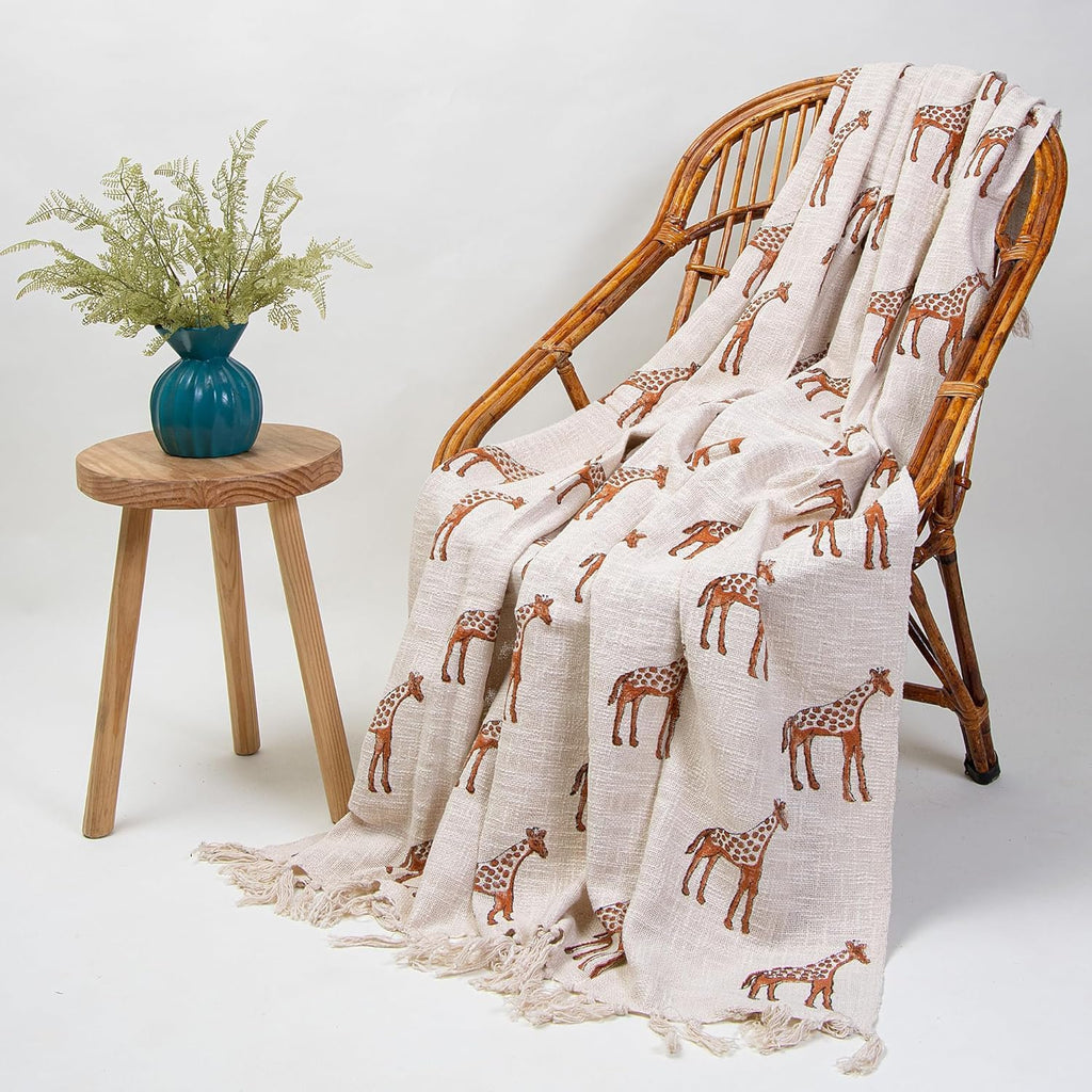 Deken met giraffeprint – 100% katoenen bank- en bedovertrek – met kwastjes – 50x70 inch