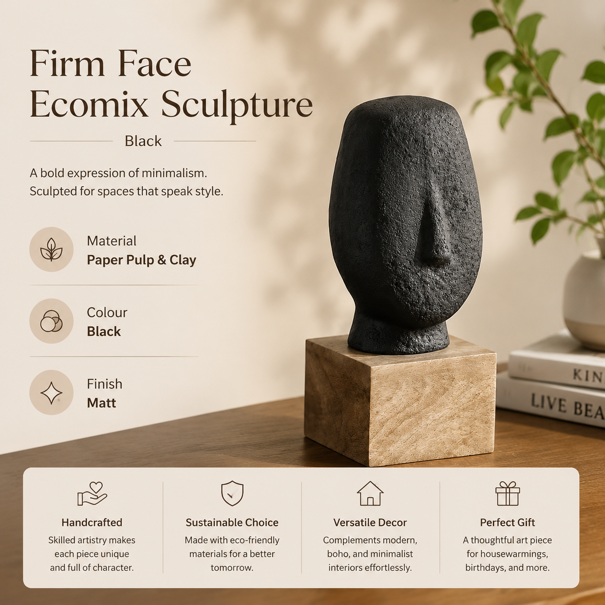 Modern gezichtssculptuur – Zwart Ecomix – Artistiek decoraccent