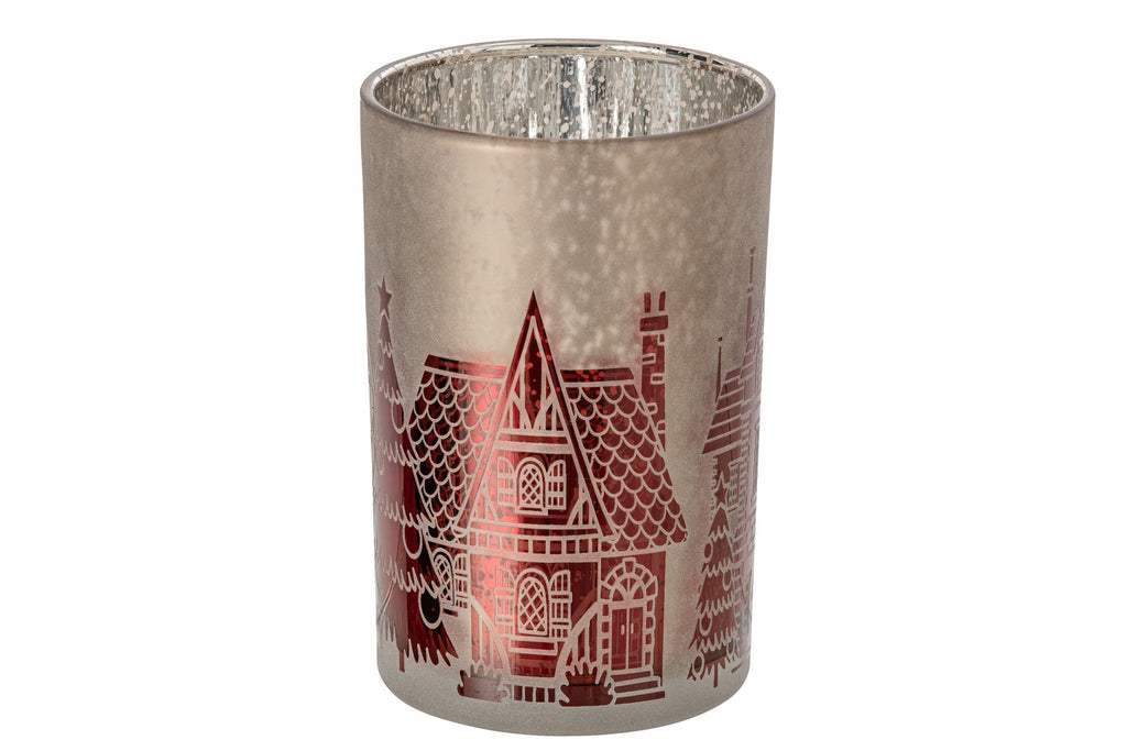 J-Line Windlicht - glas - kerstrood/grijs - L