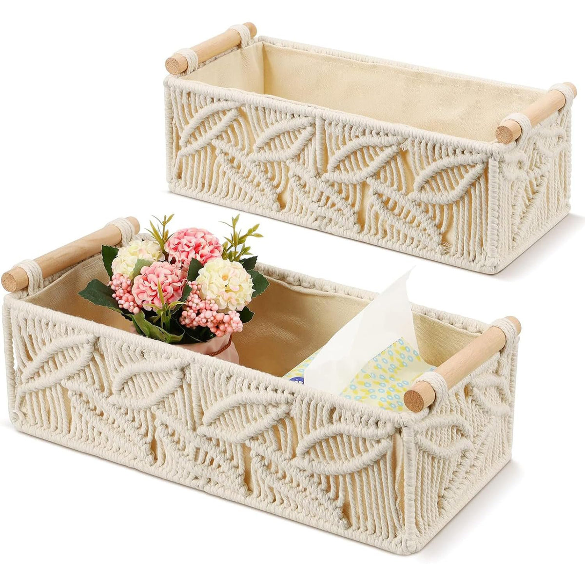 Katoenen macramé opbergmand met houten handvatten - set van 2 stuks
