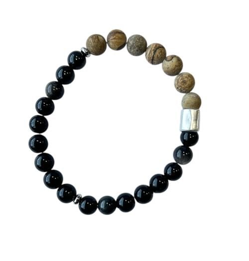 Heren armband zwarte Obsidiaan & gele Jaspis 8 mm met matzilverkleur kraal