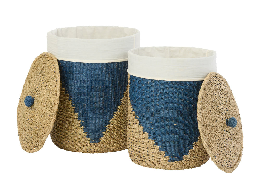 J-Line mand + deksel - ijzer/papier - blauw/naturel - set van 2