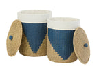 J-Line mand + deksel - ijzer/papier - blauw/naturel - set van 2